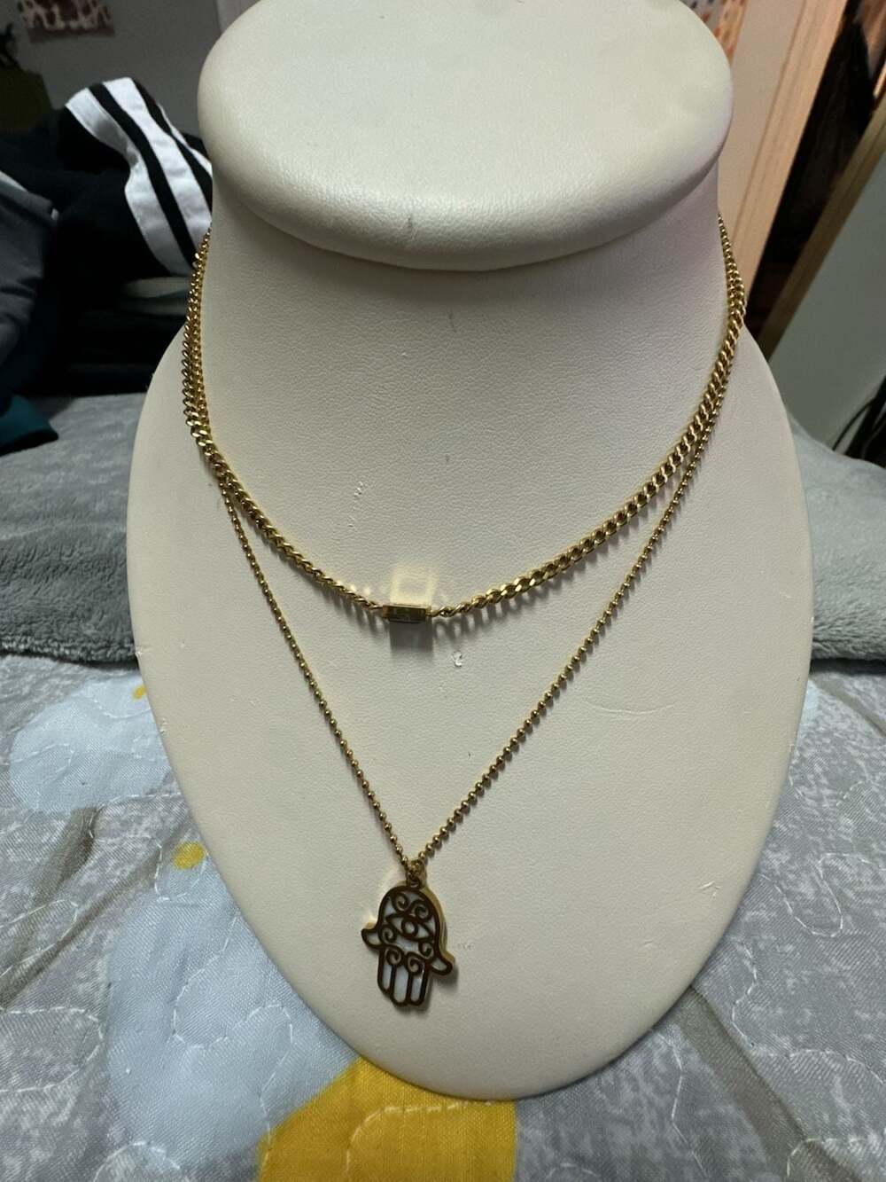Double Layer Gold Stainless Steel Necklace with Hamsa Hand Pendant